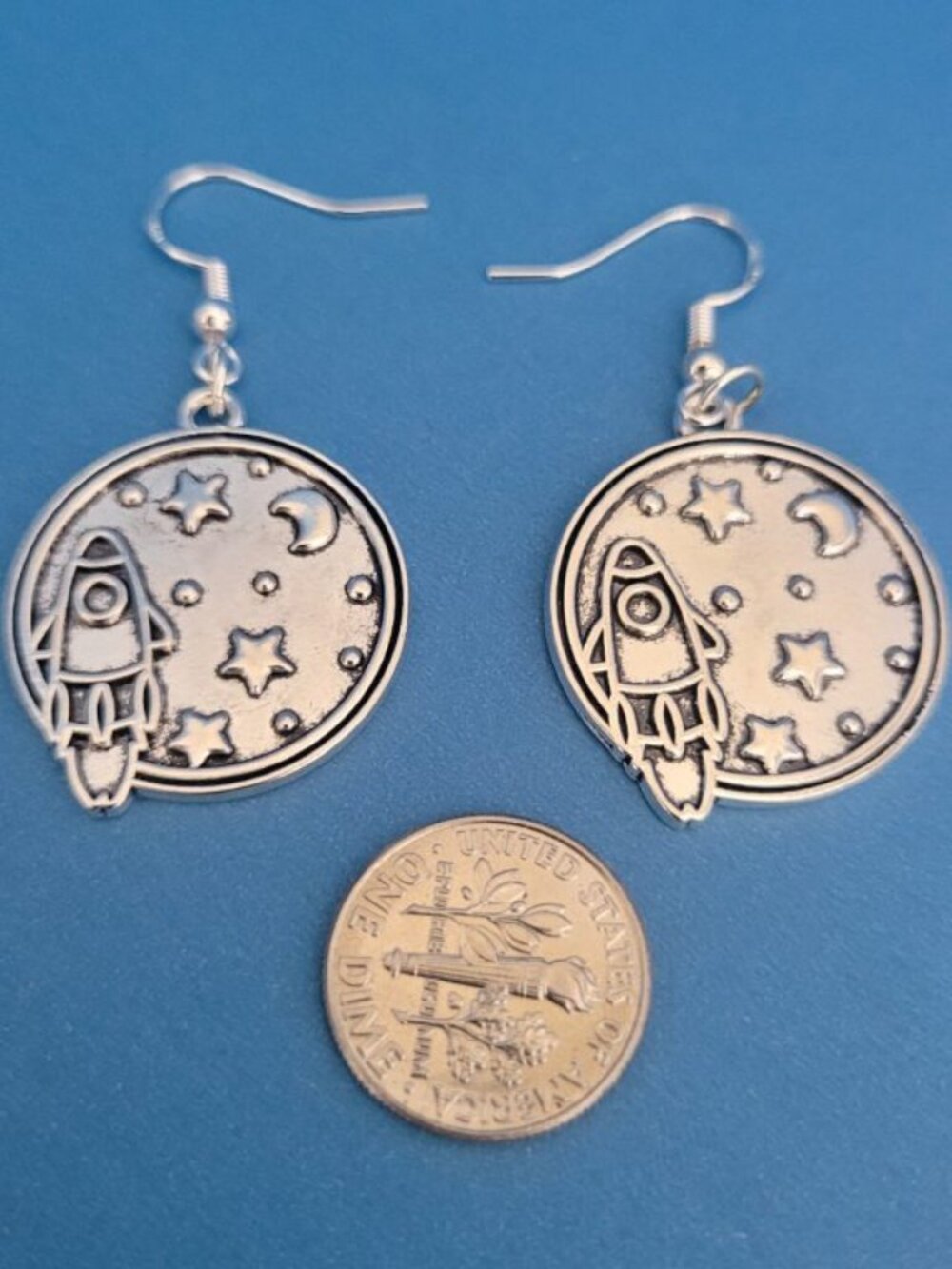 NWT Large Silver Color Metal Space Medallion Charm Earrings NASA Artemis Orion
